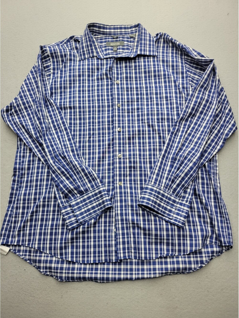 Kenneth Cole Reaction Men Button-Up 17 1/2 34-35 Blue Plaid 100% Cotton Work